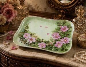 Antique French Limoges Porcelain Dish Vanity Tray Hand Painted Wild Roses Signed